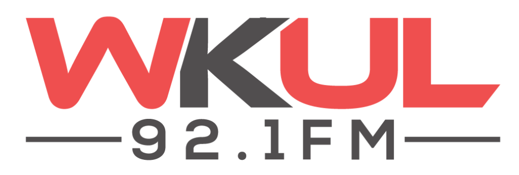 WKUL radio station logo with red and gray text, 