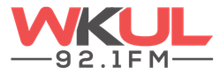 WKUL radio station logo with red and gray text, 
