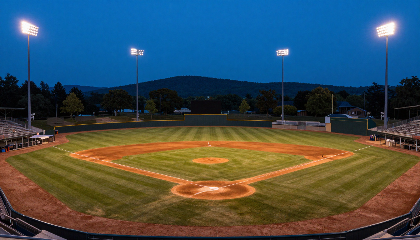 Close-up of a baseball and glove on a dusty diamond during sunset