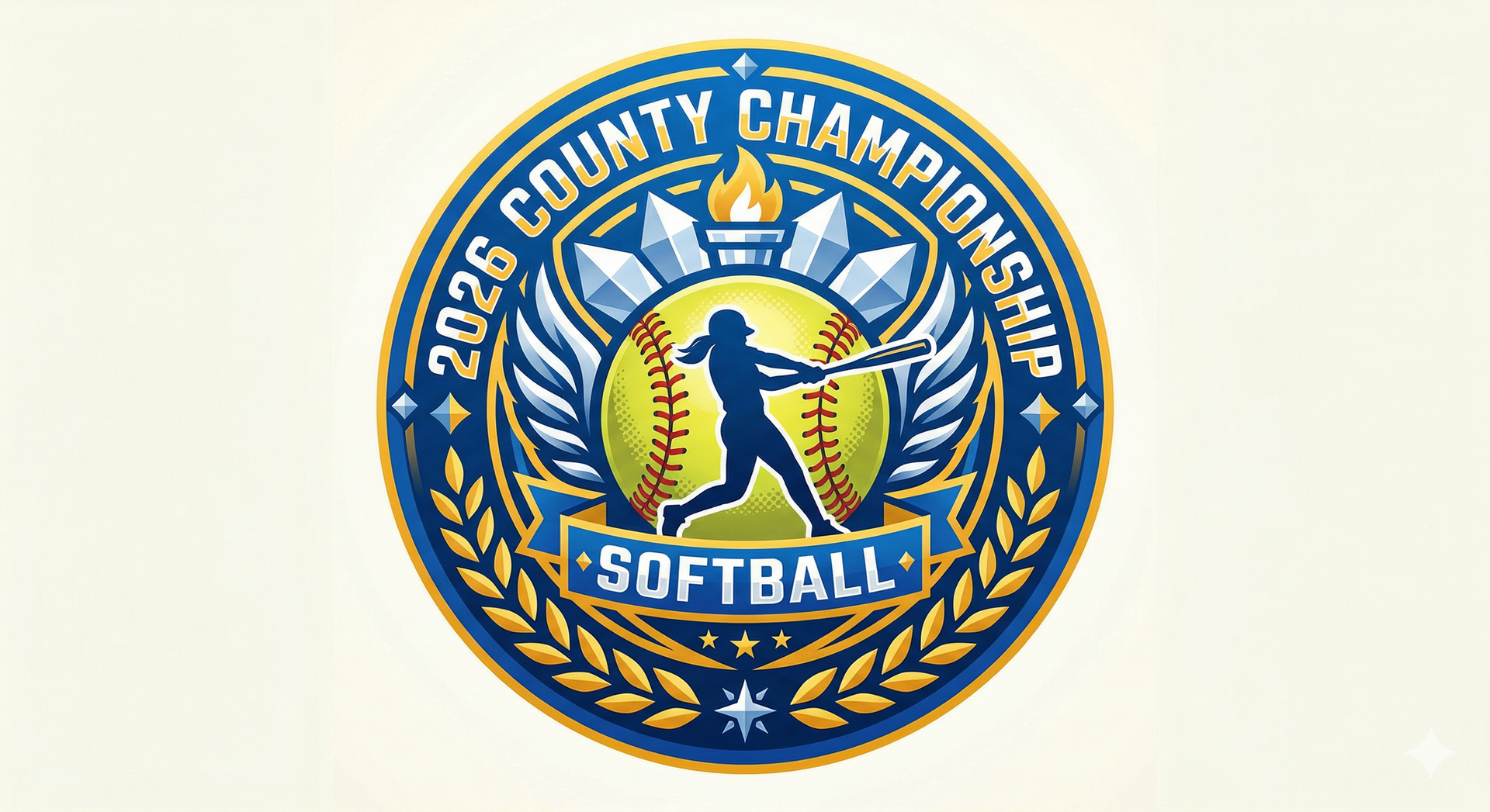 A blue and gold circular emblem for the 2026 County Championship Softball tournament featuring a batter and a torch.