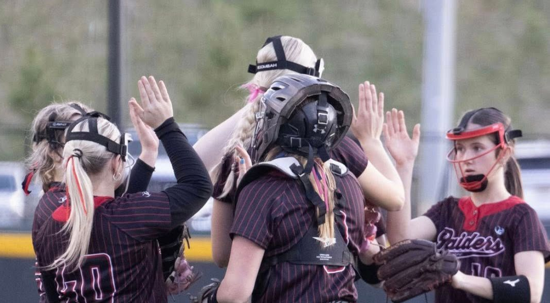 Softball players in pinstriped maroon uniforms high-five on a field during a game.