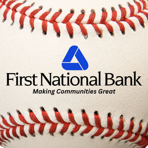 The first national bank logo is blue and white and says `` making communities great ''.