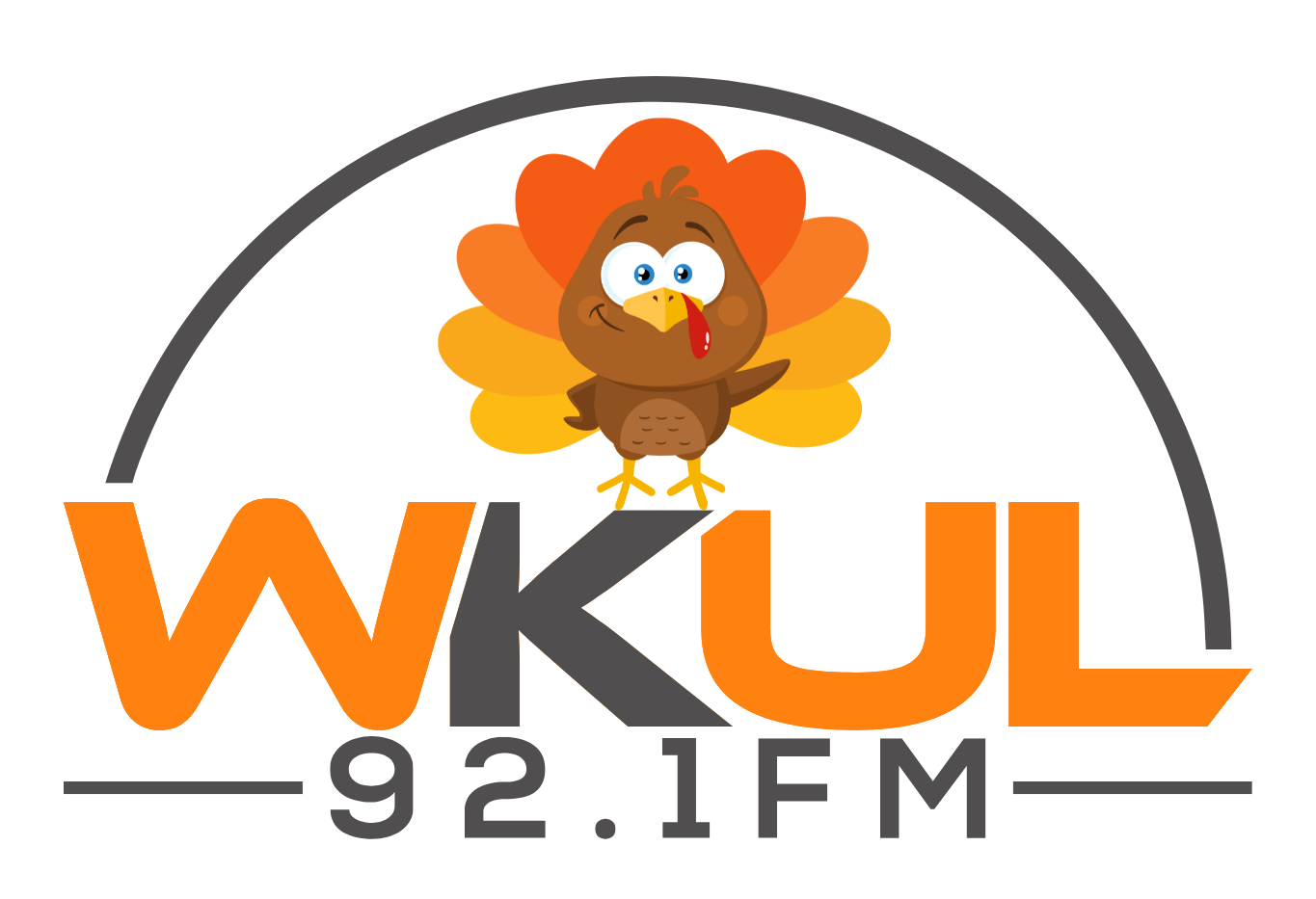 WKUL 92.1 FM radio logo with a cartoon turkey and orange and gray design.
