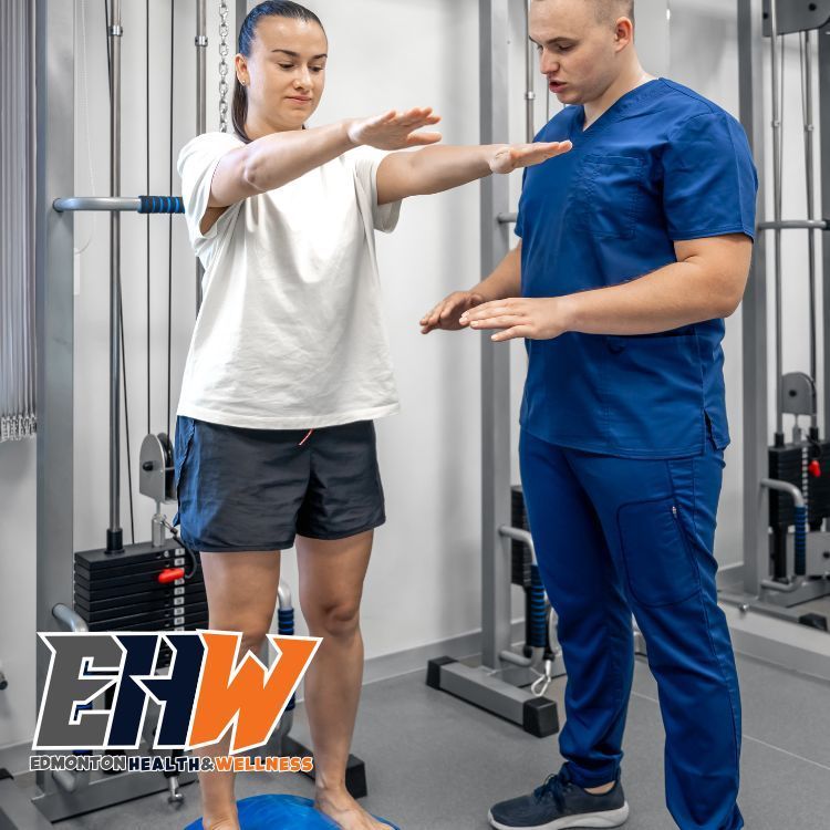 Physiotherapist helping a patient learn to exercise on a bosu ball