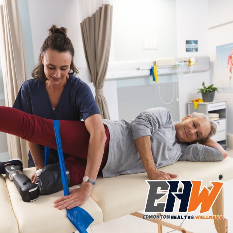 Physiotherapist helping a patient with one leg do her exercises