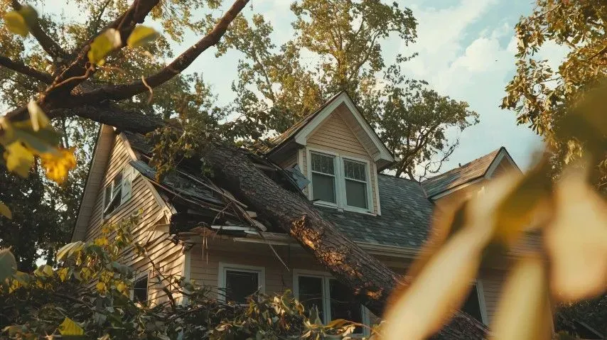 A sunlit house with a steep roof, framed by tree branches and autumn leaves.