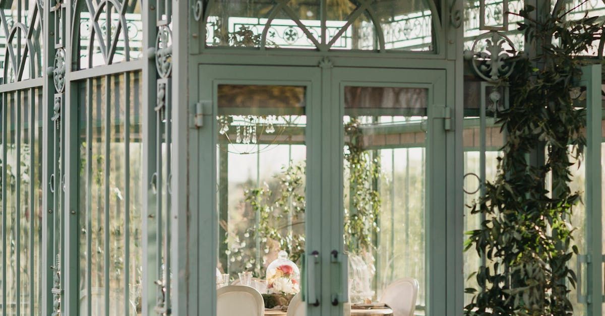 A woman is sitting at a table in a greenhouse.