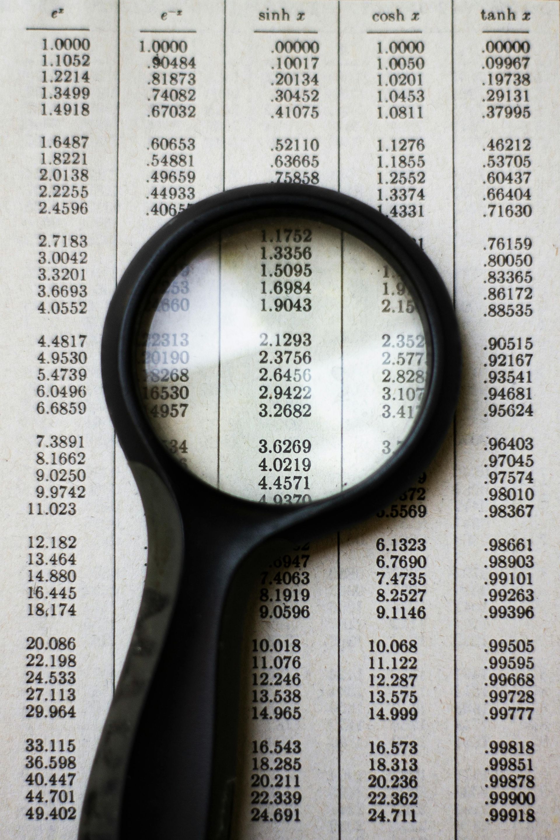 A black magnifying glass sits on a page of mathematical tables, enlarging a section of hyperbolic function values.