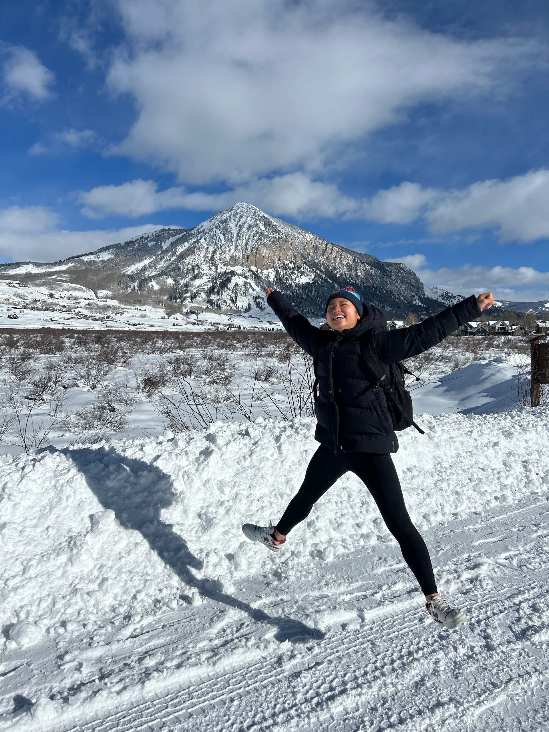 A person is jumping in the air in the snow with a mountain in the background.