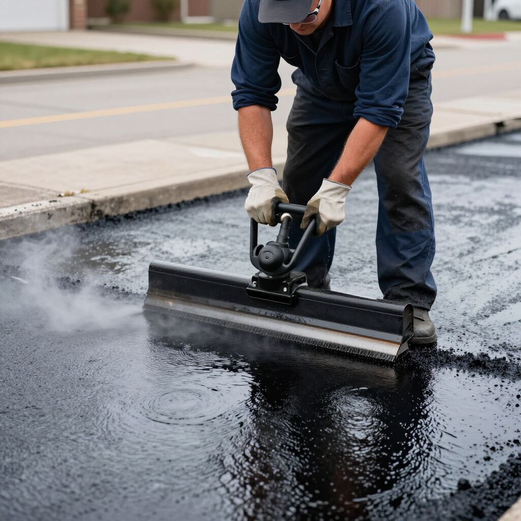 Person operating a vibratory plate compactor, compacting fresh asphalt on a road.