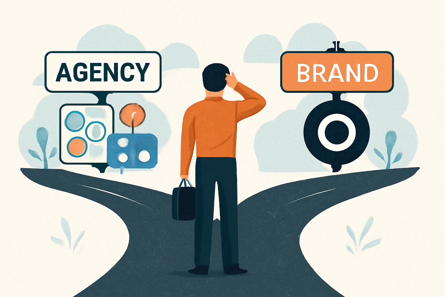 Illustration of a marketer at a crossroads choosing between agency-side and brand-side marketing car