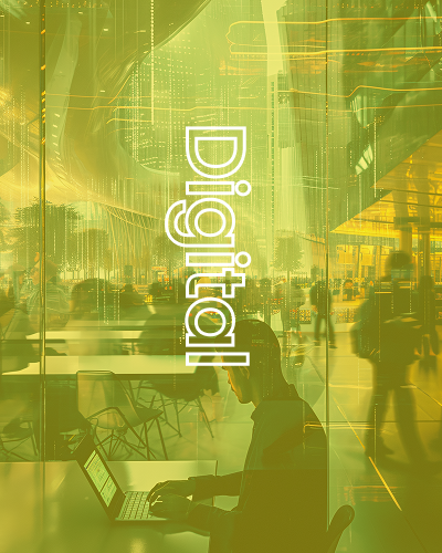 A person using a laptop indoors, overlaid with network lines, with the word 