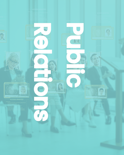 People in a lobby with overlaying text that reads 