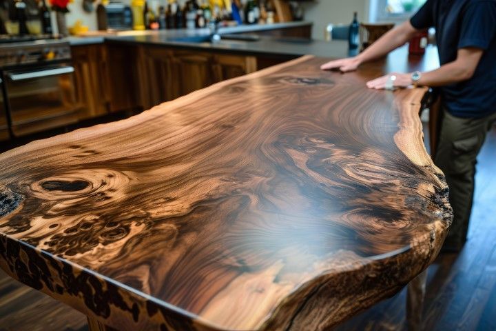 Live-edge wooden countertop in a kitchen; a person's hands are resting on the surface.
