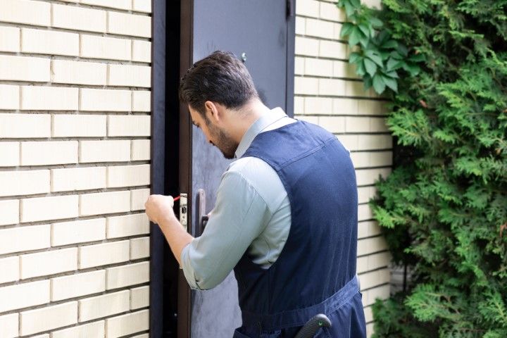 Person in blue workwear unlocking a black door set in a brick wall, next to a green bush.