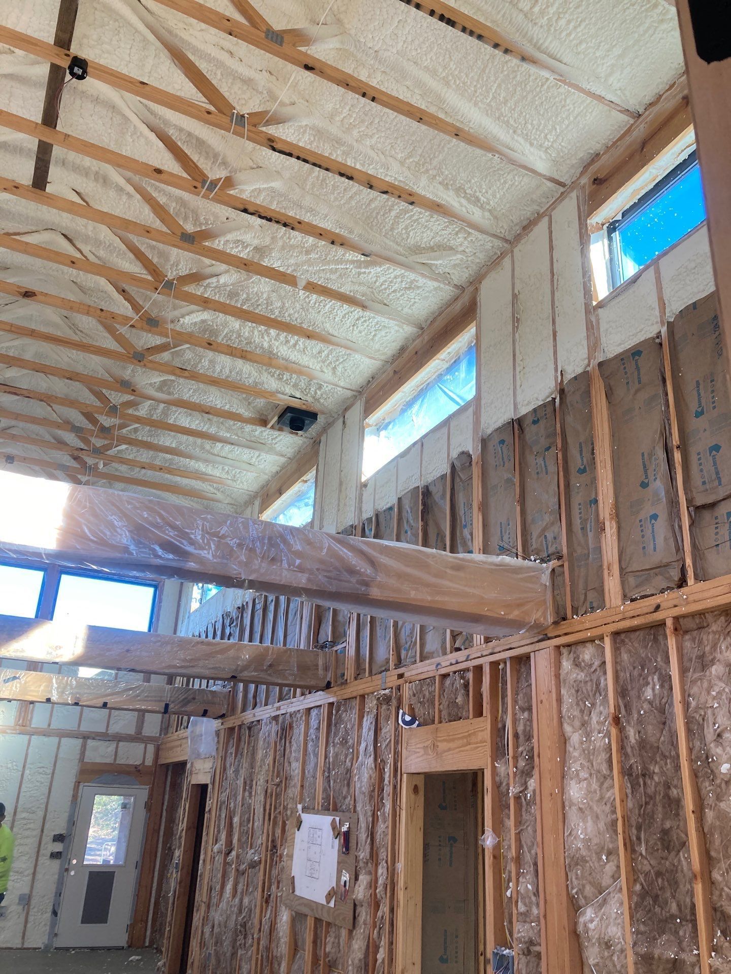 A room with a lot of windows and a ceiling that is covered in foam.