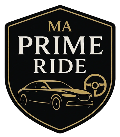 MA Prime Ride logo: Black and gold shield with car graphic and steering wheel.