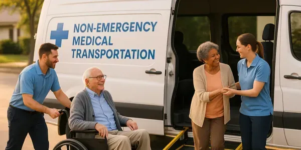 Medical transport van with a staff member pushing a wheelchair with a passenger and helping another passenger exit the vehicle.