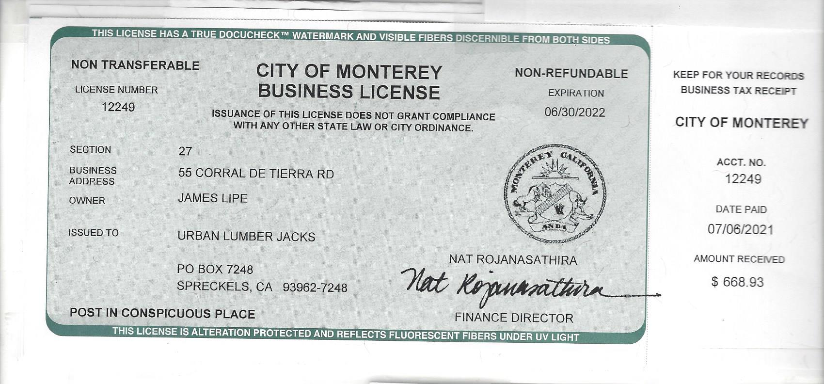 City of Monterey Business License with details of the business, location, and signature of the license holder.