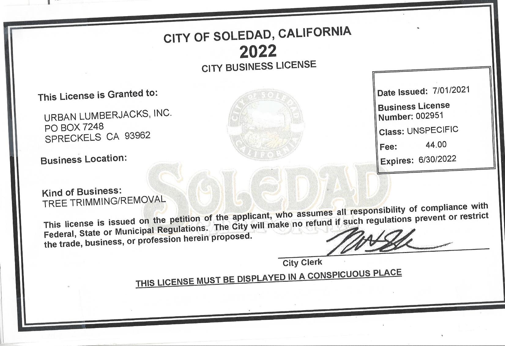 City of Soledad, California 2022 business license, issued to Urban Landcrafters Inc., with business details and official signature.