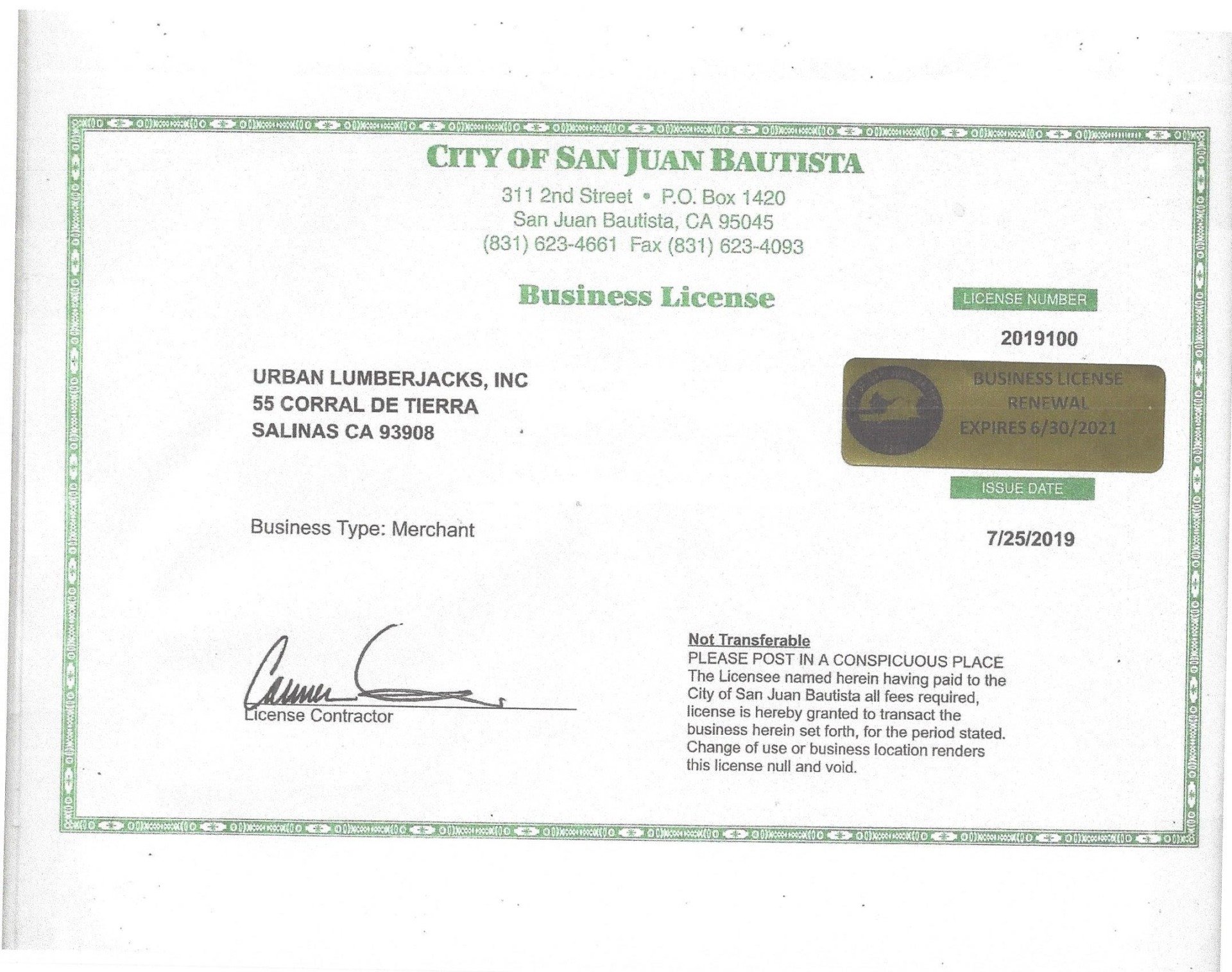 San Juan Bautista business license; details for Urban Lumberjacks, Inc., with signature and expiration date.