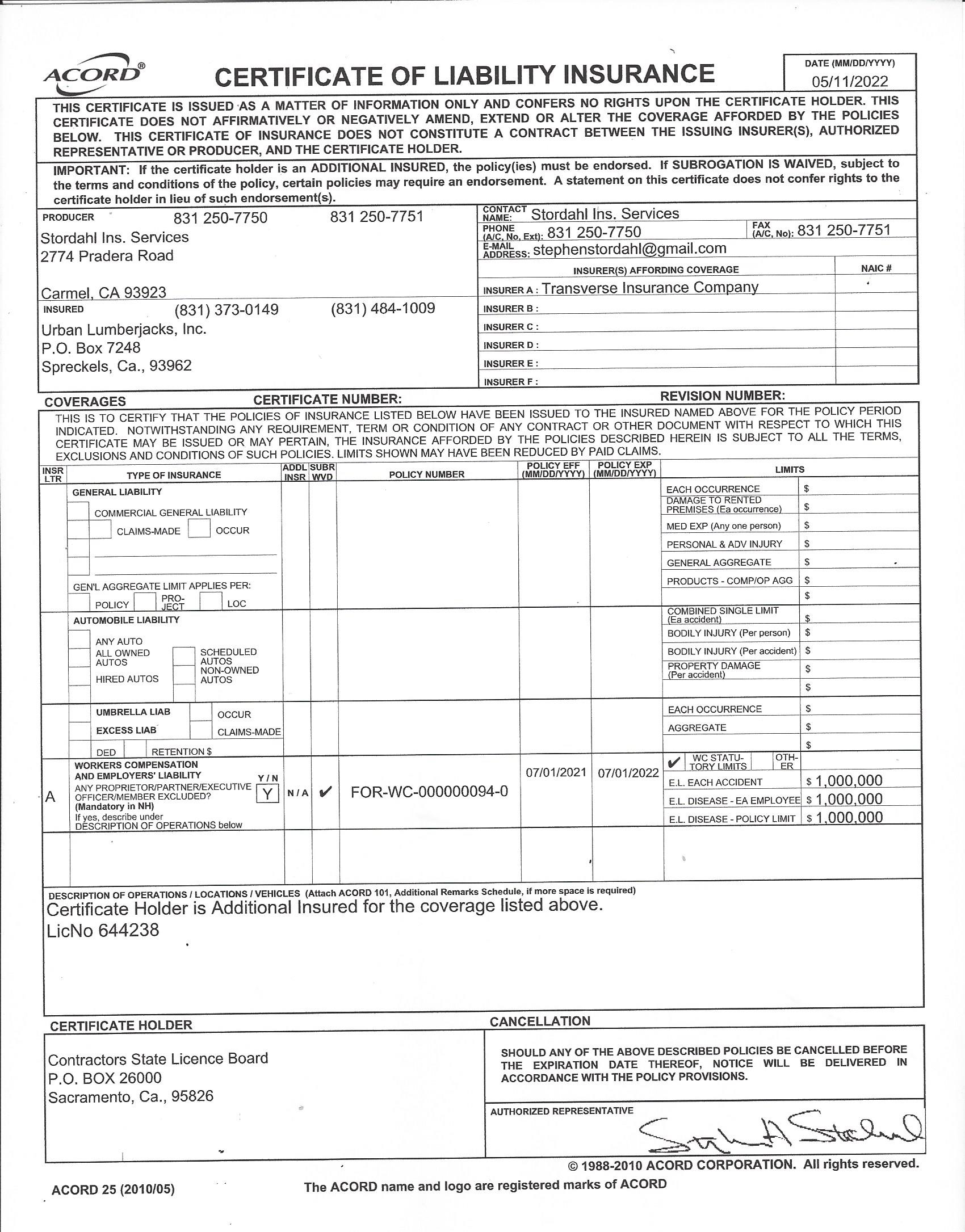 Certificate of Liability Insurance document with various details in black ink on white paper.