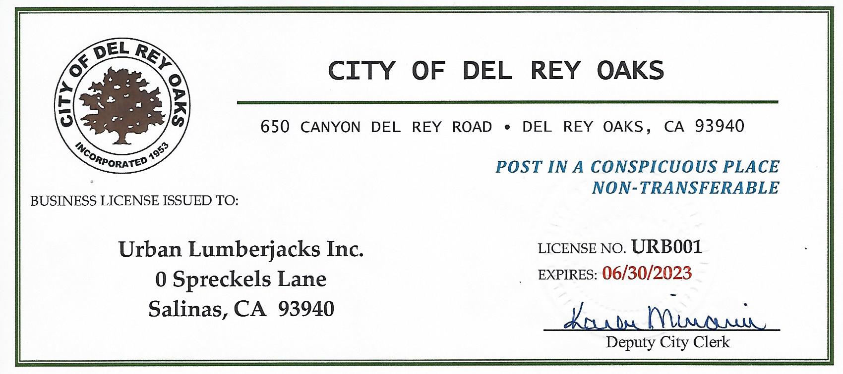 City of Del Rey Oaks document with Urban Lumberjacks Inc. address and license information.