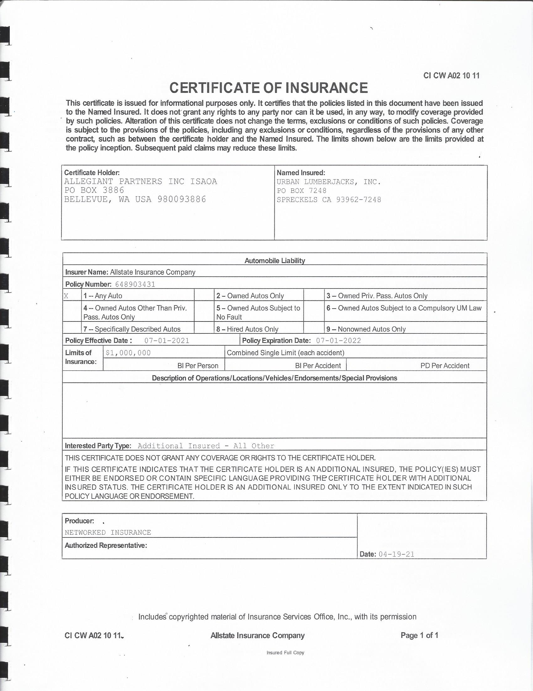 Certificate of Insurance form. White paper with black text and a spiral binding.
