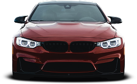 Red BMW sports car, front view, black grille, black side mirrors, and a black roof.