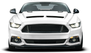 White Ford Mustang car, front view, black grill, headlights on.