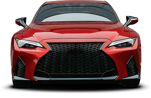 Red sports car, front view, black grill, angled headlights, glossy finish.