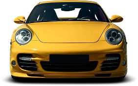 Yellow sports car, front view, headlights on, against white background.