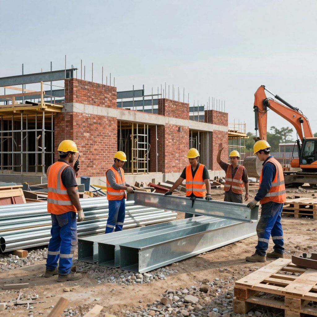 Construction workers in orange vests and hard hats lifting a metal beam at a building site.