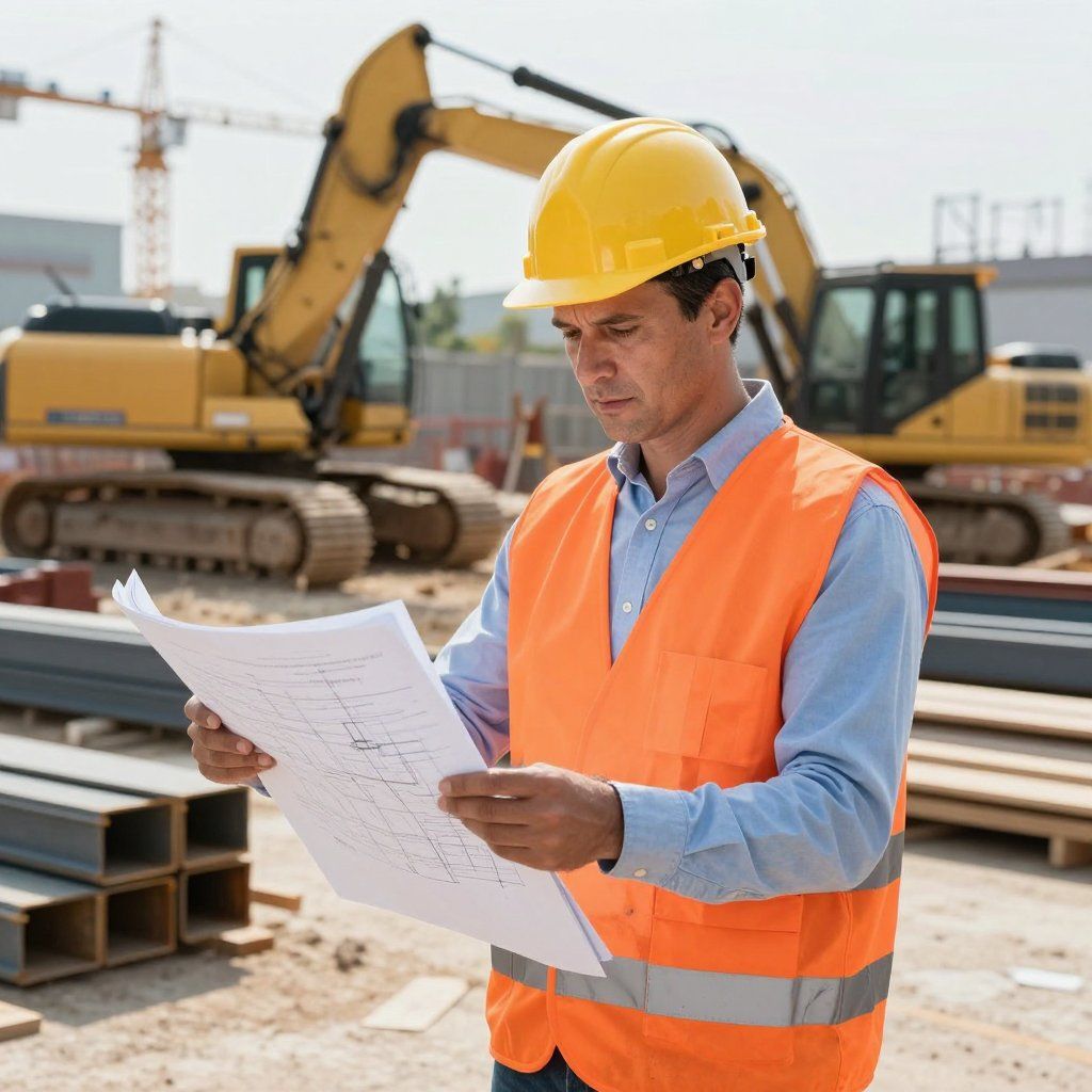 Construction worker in hard hat and orange vest examines blueprints at a construction site with heavy machinery.