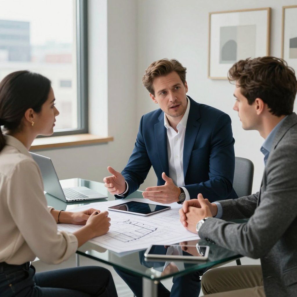 Three people in suits at a table; discussing papers, with a laptop, tablet, and window.