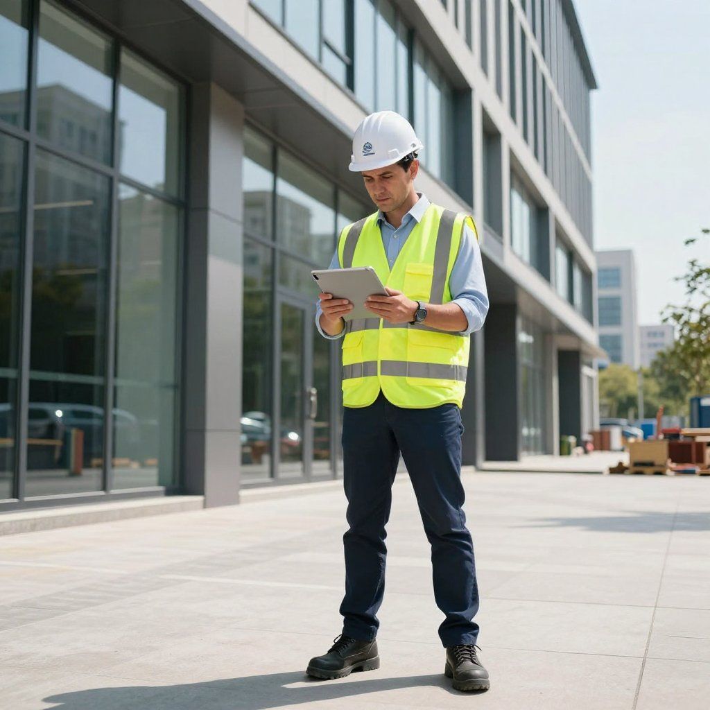 Construction worker in hard hat and safety vest using tablet outside modern building.