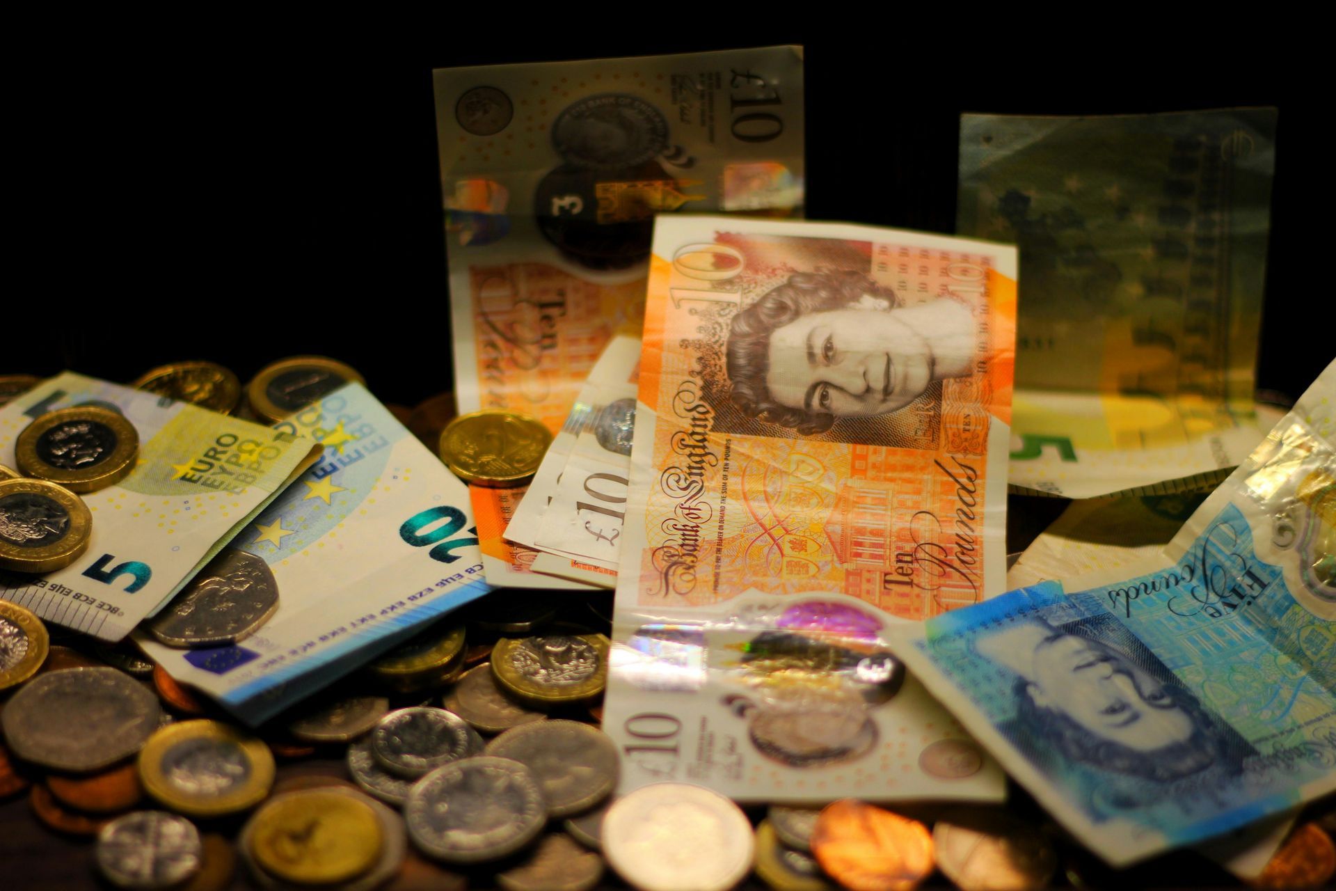 British pounds and Euro banknotes and coins.