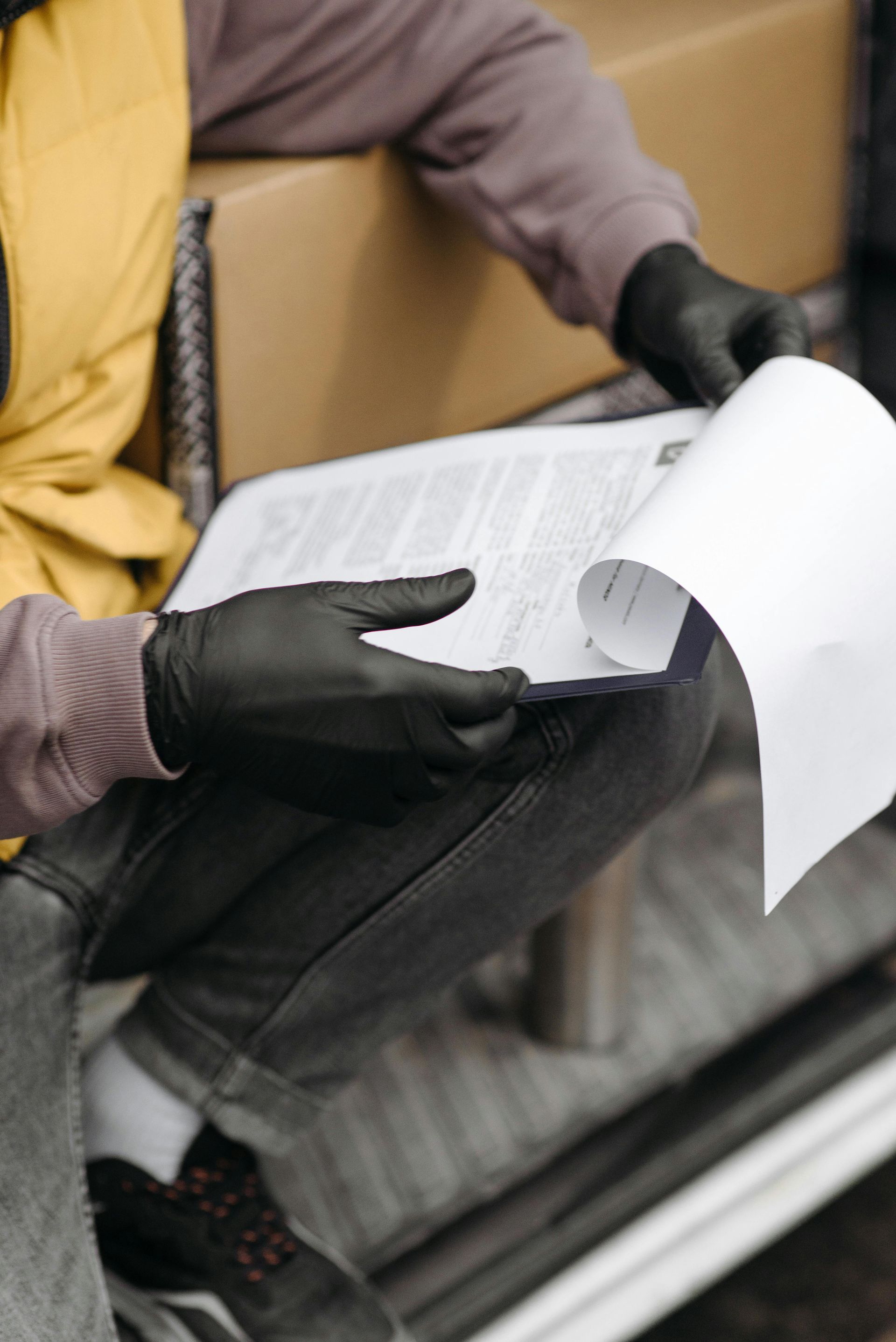 Delivery person in black gloves reviews paperwork, next to a cardboard box.