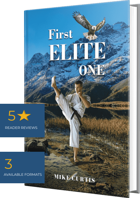 Book cover: Man in karate stance with eagle overhead, mountains in background. Title: First Elite One.