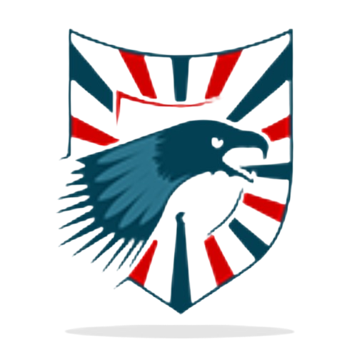 Shield with a blue eagle head and red and white stripes.