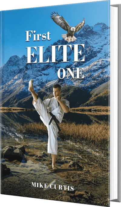 Book cover: Man in karate uniform kicks, mountains and eagle background. Title