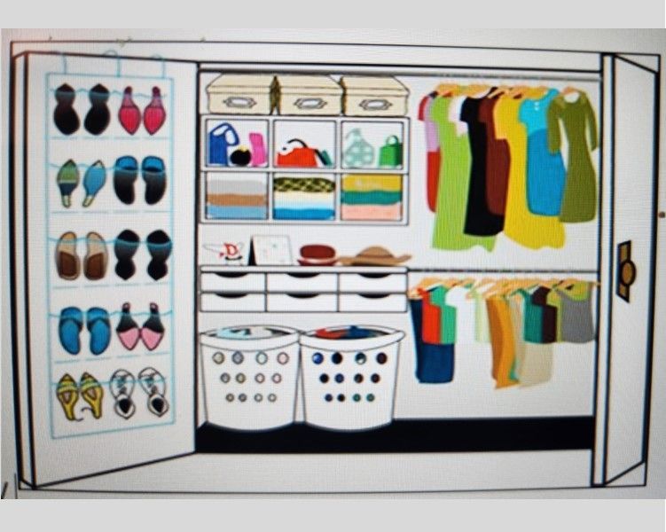 A drawing of a closet filled with clothes and shoes