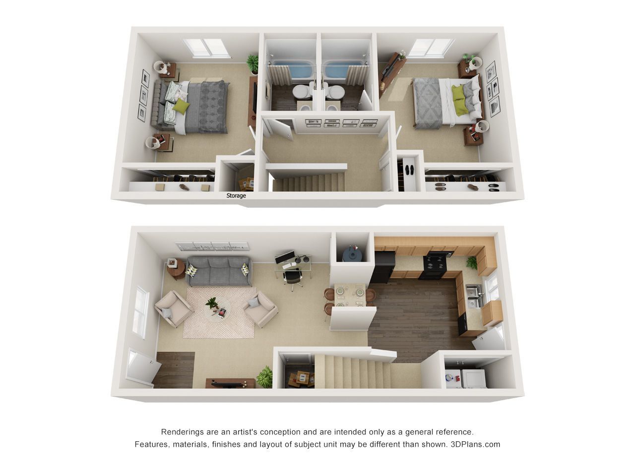 A 3d floor plan of a house with two bedrooms , a living room , and a kitchen.