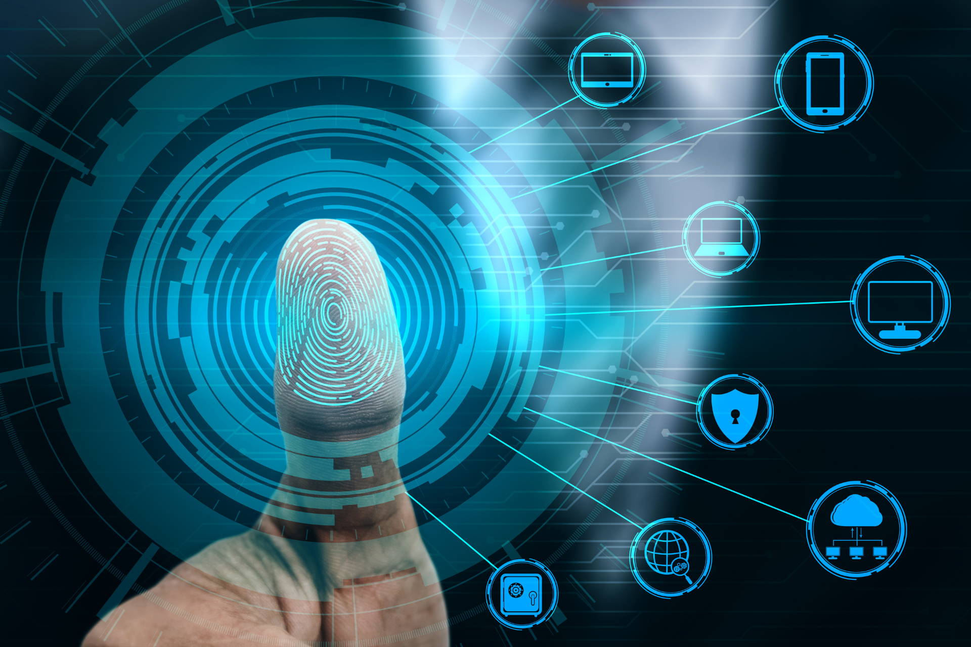 A person is pressing a button with a fingerprint on their finger.