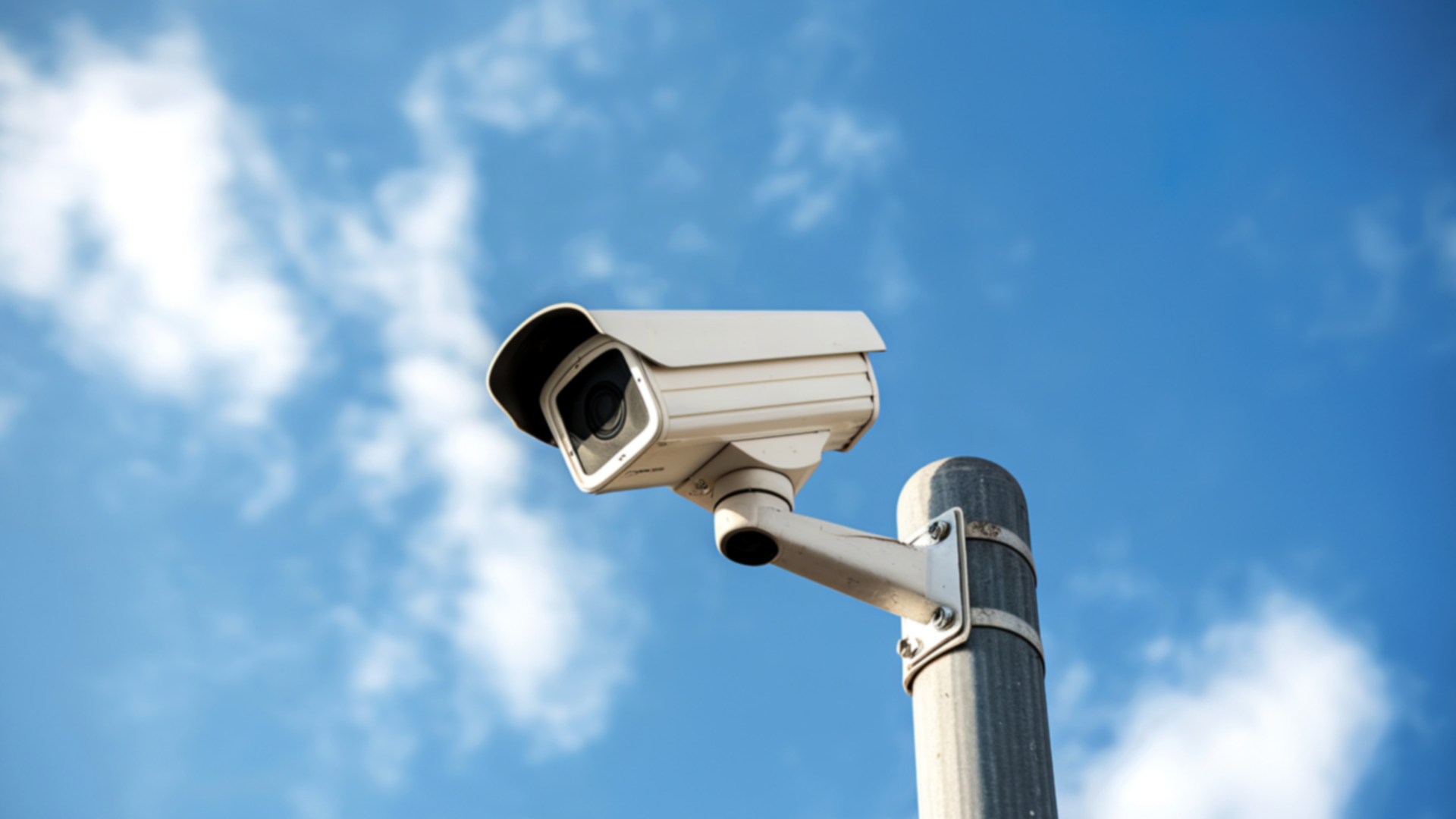 Security camera mounted on a pole against a blue, cloudy sky.