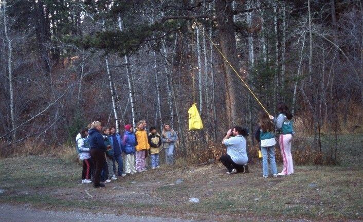 Group of children watching a woman reach a yellow bag in a tree, likely for an activity, in a wooded area.