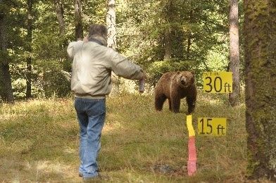 Man points a gun at a brown bear in a forest, with markers showing 15ft and 30ft distances.