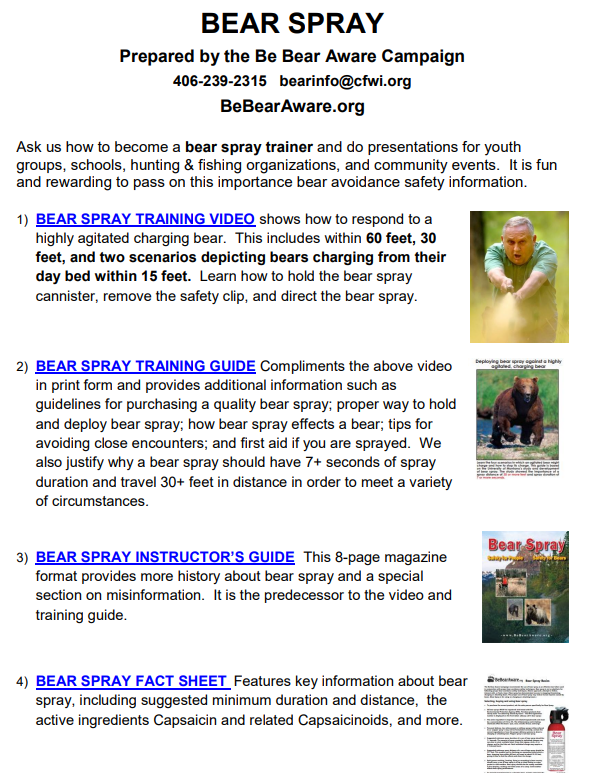 Flyer about bear spray safety training; includes video, guide, instructor's guide, and fact sheet.