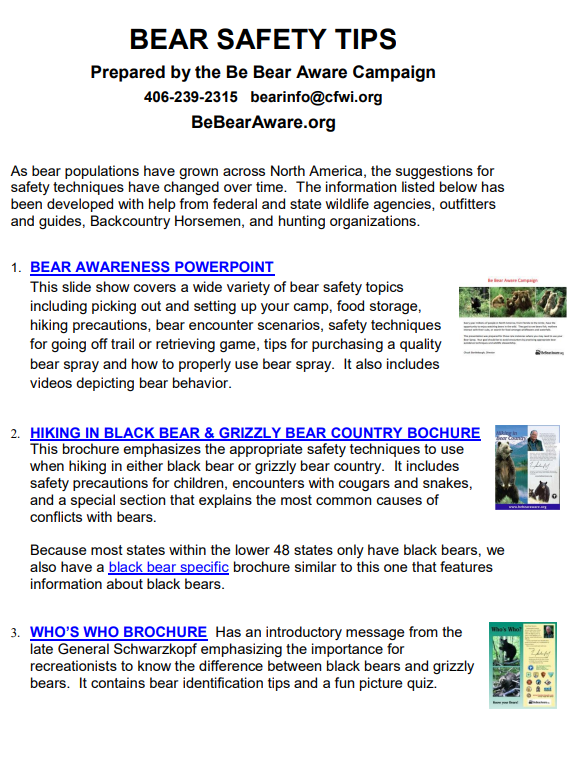 Bear safety tips flyer: Lists bear safety precautions. Contains brochure descriptions for bear awareness.