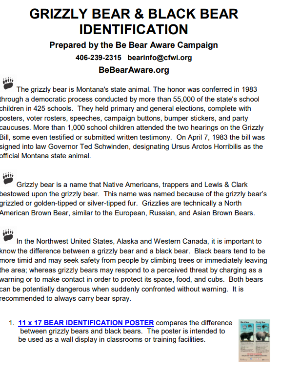 Grizzly and black bear identification poster. Text explains how to identify, with a small photo showing comparison.